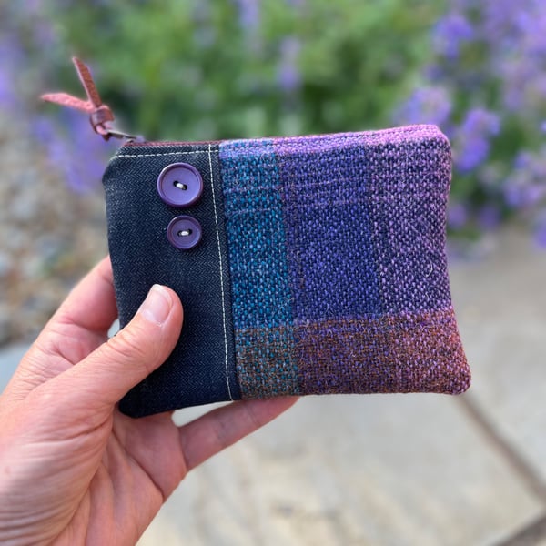 Purple wool and herringbone fabric coin purse small pouch