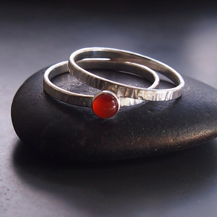 Duo of Sterling Silver Textured Bands with Carnelian 