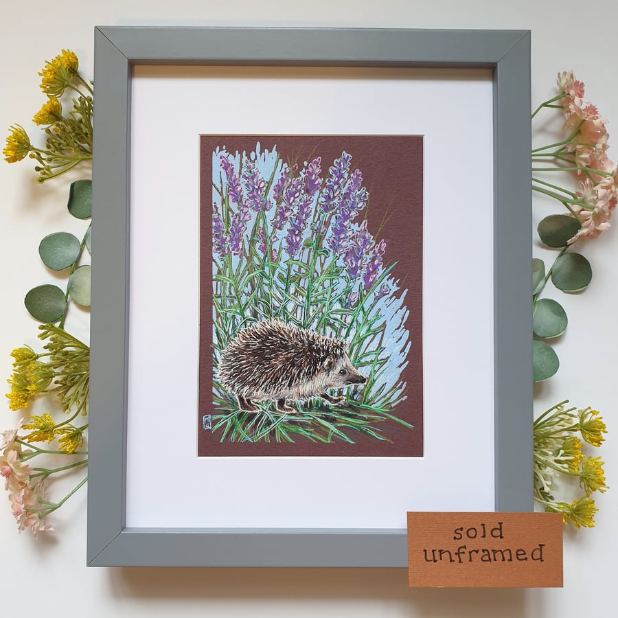 Hedgehog with Lavender original drawing, small wall art, animal illustration