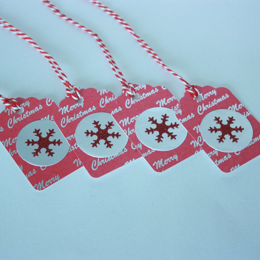 Handmade red and silver glitter snowflakes Christmas gift tags