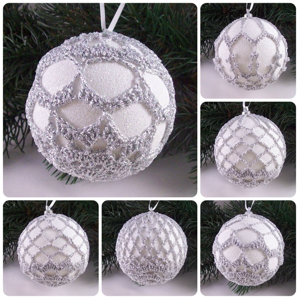 Christmas baubles boxed set of 6 large decorated with crochet lace A3