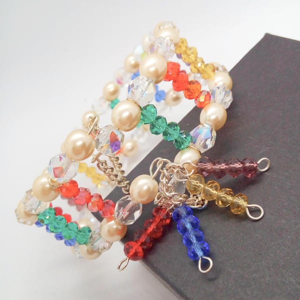 Beaded Memory Wire Cuff Made with Crystals and Pearls With Safety Chain