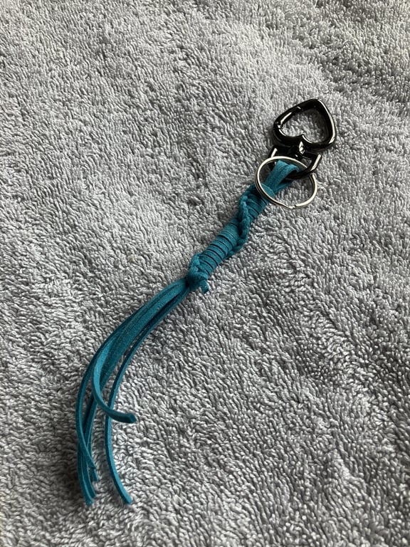 Teal Blue Suede Keyring - Bag Charm w Gunmetal coloured Heart-shaped Carabiner