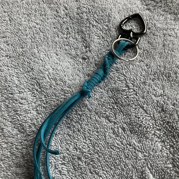 Teal Blue Suede Keyring - Bag Charm w Gunmetal coloured Heart-shaped Carabiner