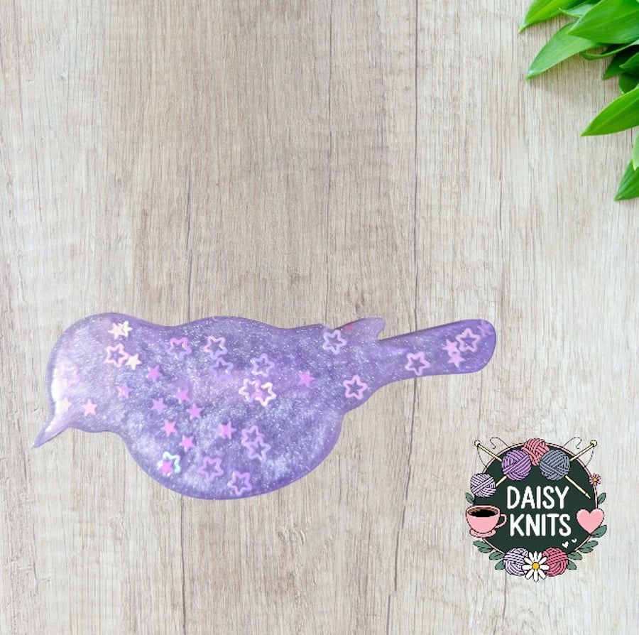Handmade Resin Bird Brooch - Sparkly Purple with Glittery Stars