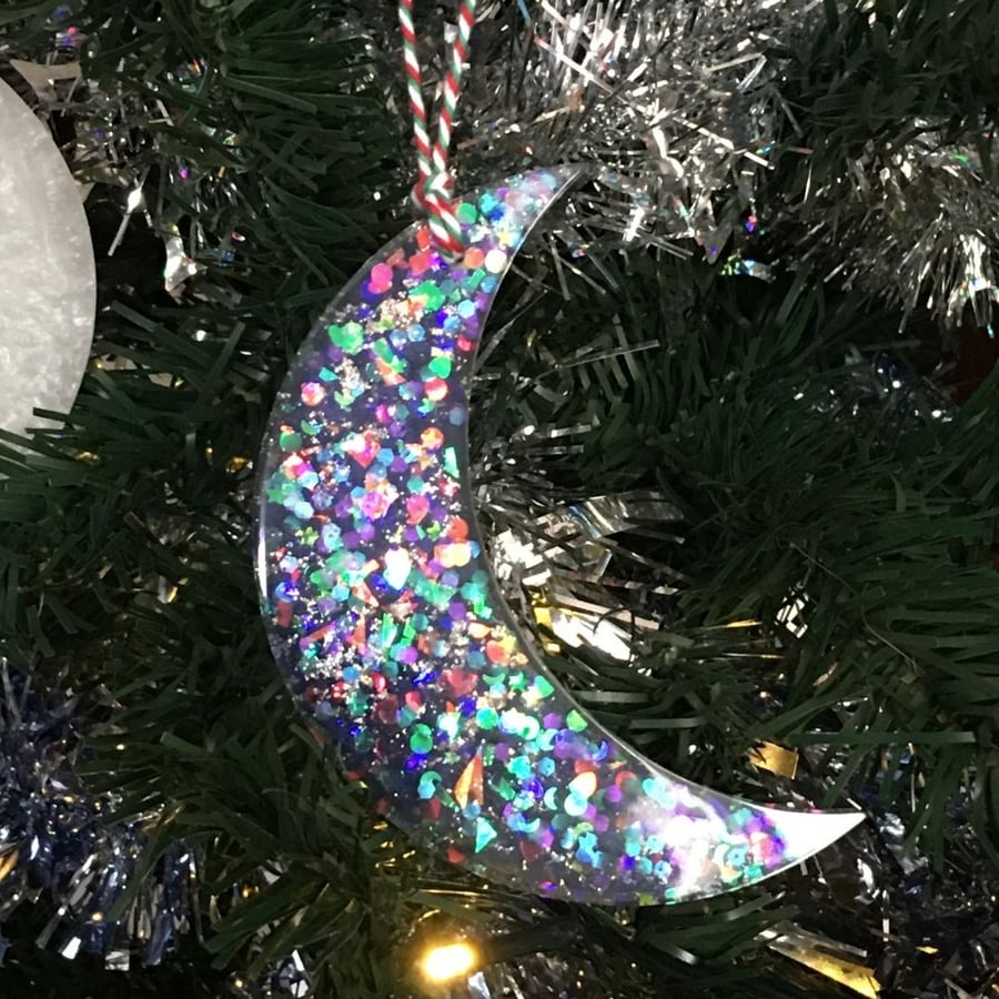 Crescent dark sparkly moon large hanging Christmas tree decoration.