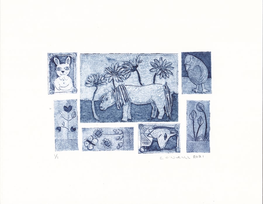 Little Gallery - Collagraph Print in Blue