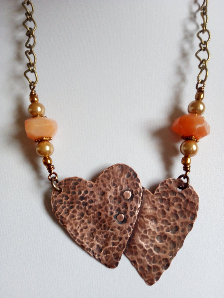 COPPER OXIDIZED HEARTS NECKLACE -HAMMERED -MIXED METAL - FREE SHIPPING WORLWIDE