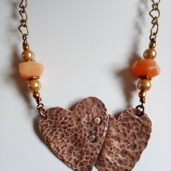 COPPER OXIDIZED HEARTS NECKLACE -HAMMERED -MIXED METAL - FREE SHIPPING WORLWIDE