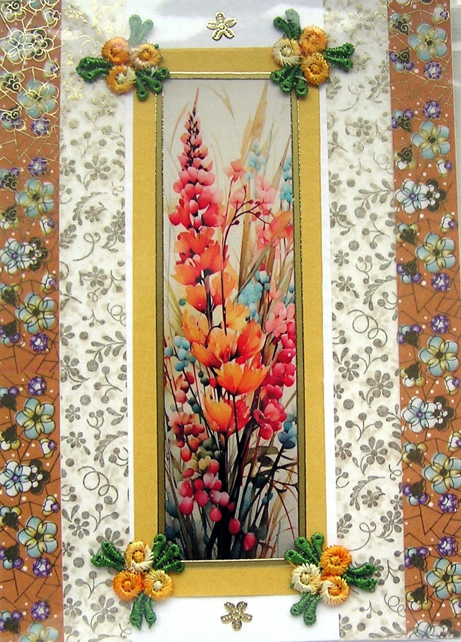 Orange Summer Flowers - Hand Crafted Decoupage Greeting Card - Blank 3072
