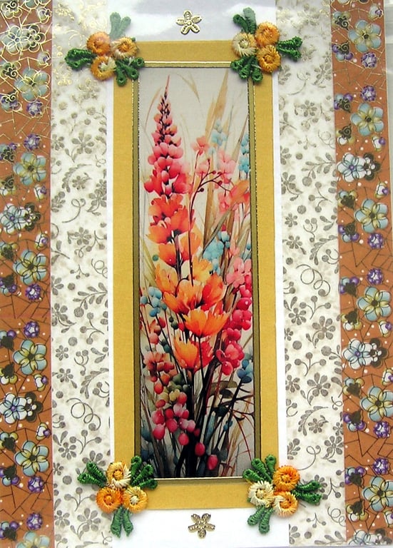 Orange Summer Flowers - Hand Crafted Decoupage Greeting Card - Blank 3072