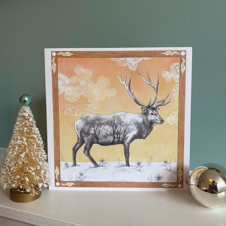 Stag Christmas card - deer greeting card, elk art card 