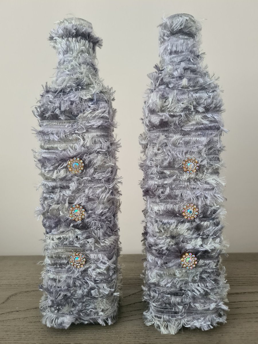 Pair Of Silver Grey Textured Yarn Wrapped Bottles-Decorative Vases