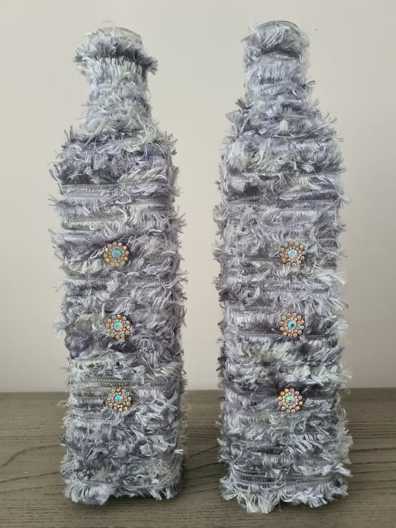 Pair Of Silver Grey Textured Yarn Wrapped Bottles-Decorative Vases