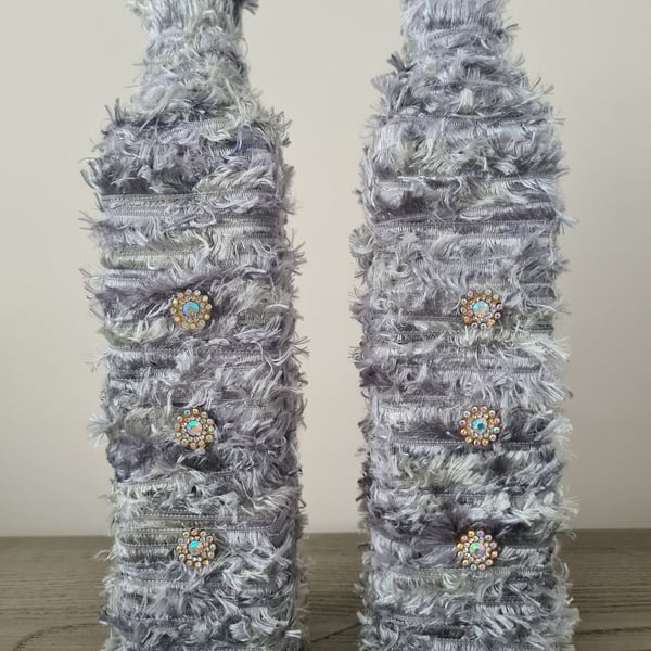 Pair Of Silver Grey Textured Yarn Wrapped Bottles-Decorative Vases