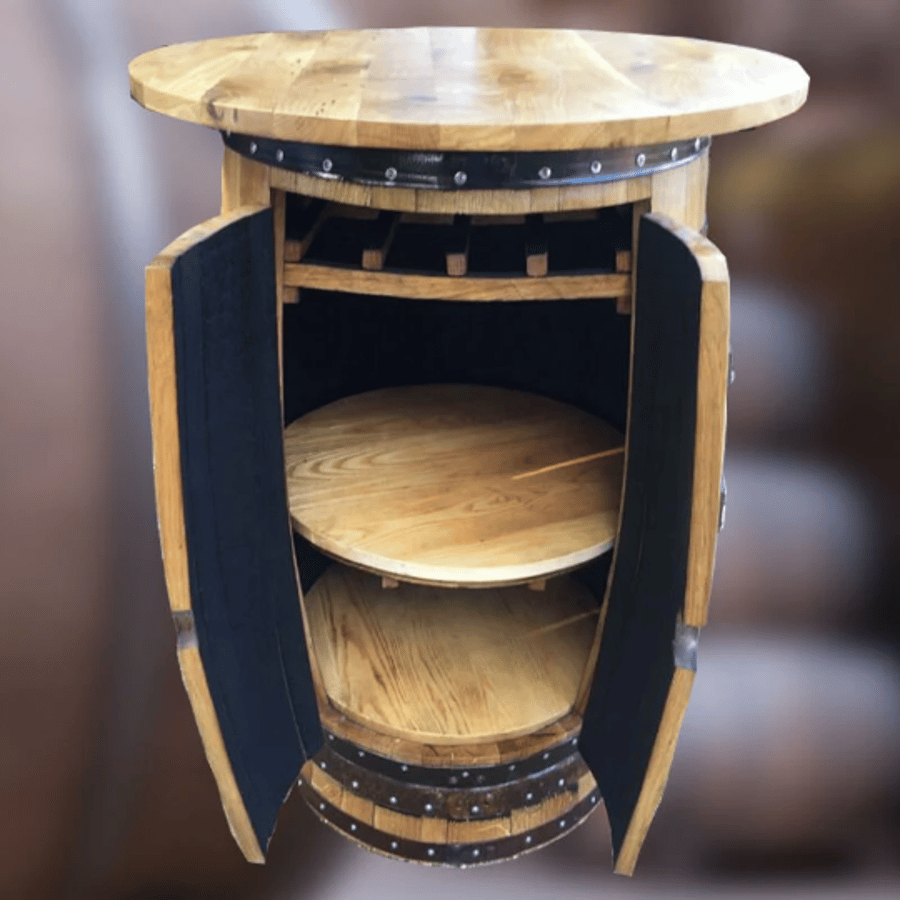 Recycled Solid Oak Barrel Pub Table Storage With Double Doors