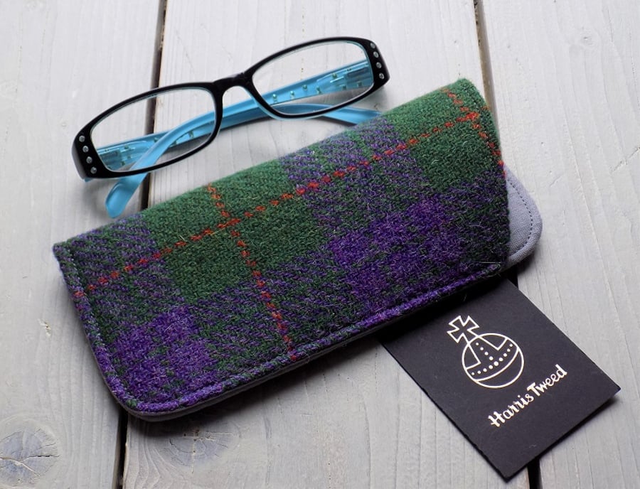 Harris Tweed eyeglasses case in purple and green tartan