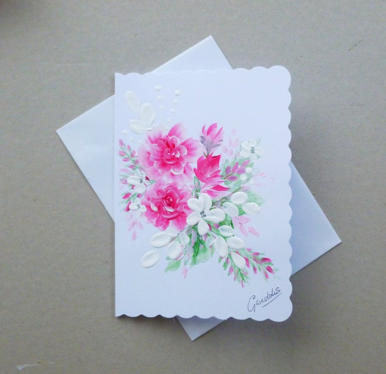 hand painted roses floral blank greetings card ( ref FA 130 J3 )