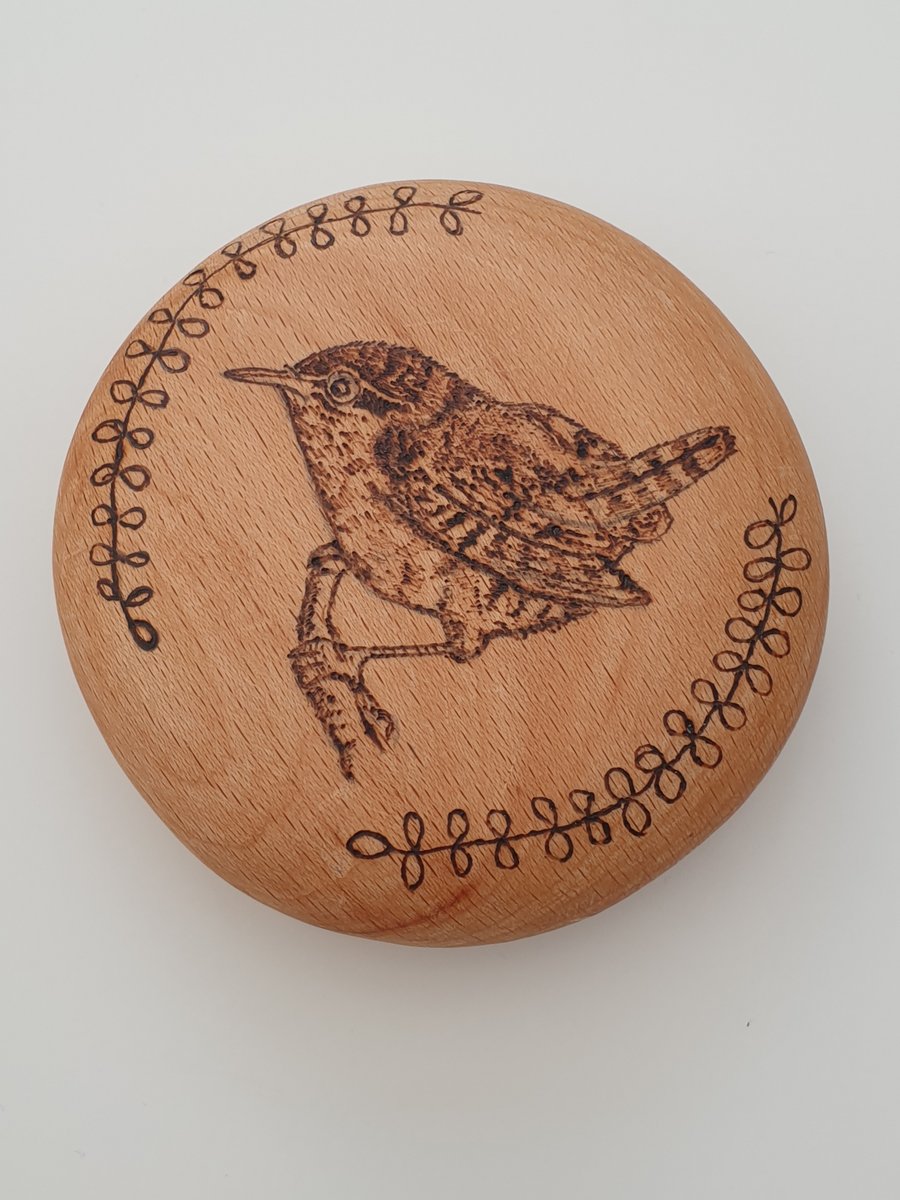 wren pyrography wooden pebble ornament 