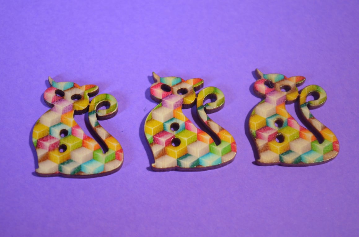Wooden Cat Buttons Rainbow Blocks 3pk 30x25mm Kitty Pussy Kitten (CT14)