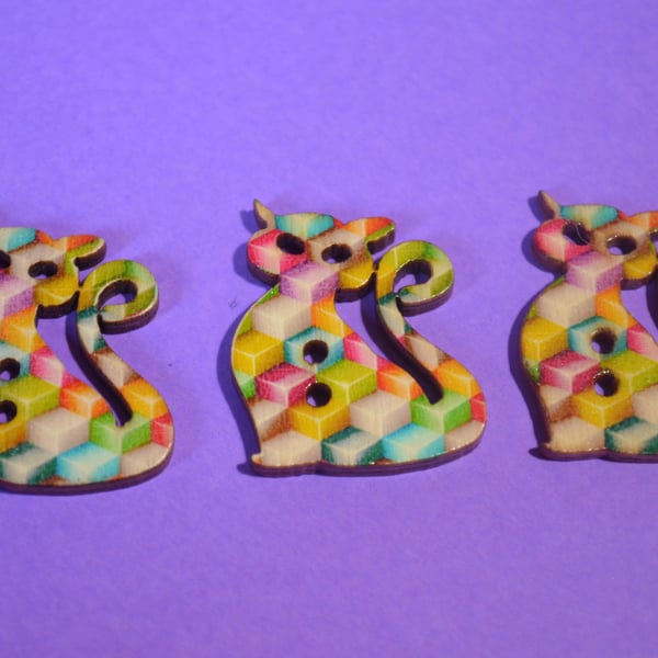 Wooden Cat Buttons Rainbow Blocks 3pk 30x25mm Kitty Pussy Kitten (CT14)