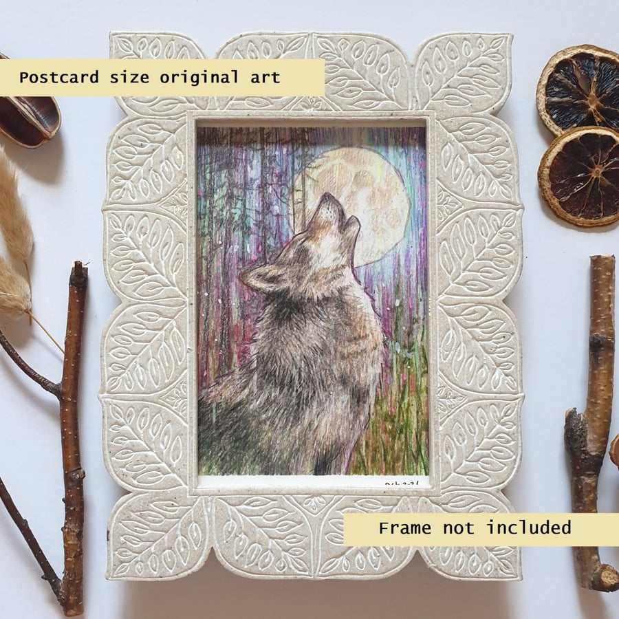 Howl at The Moon, a small original wolf drawing, animal wall art