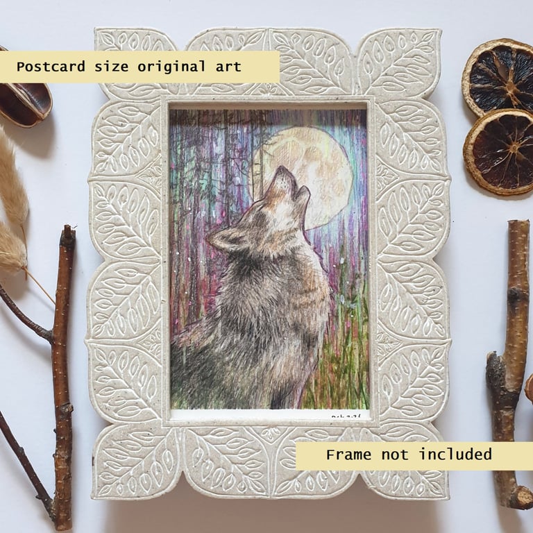 Howl at The Moon, a small original wolf drawing, animal wall art