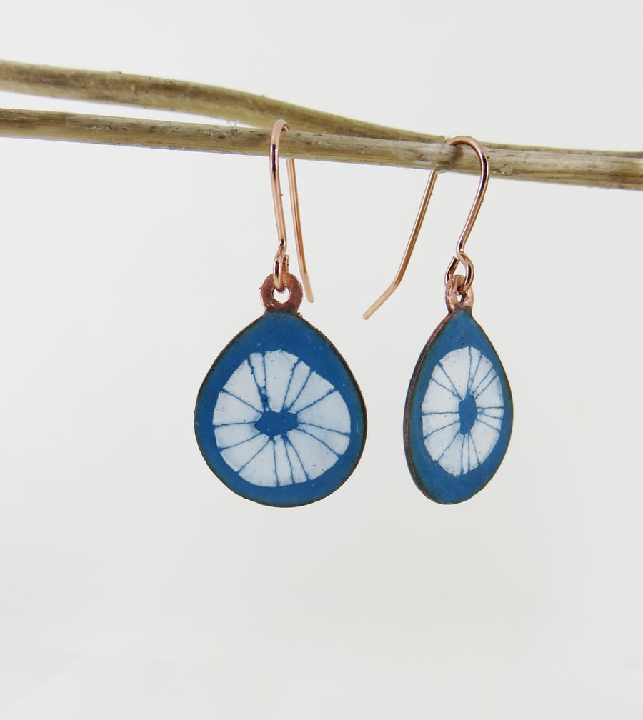 Teardrop Turquoise Dangle Enamel Earrings with Line Drawn Detail 