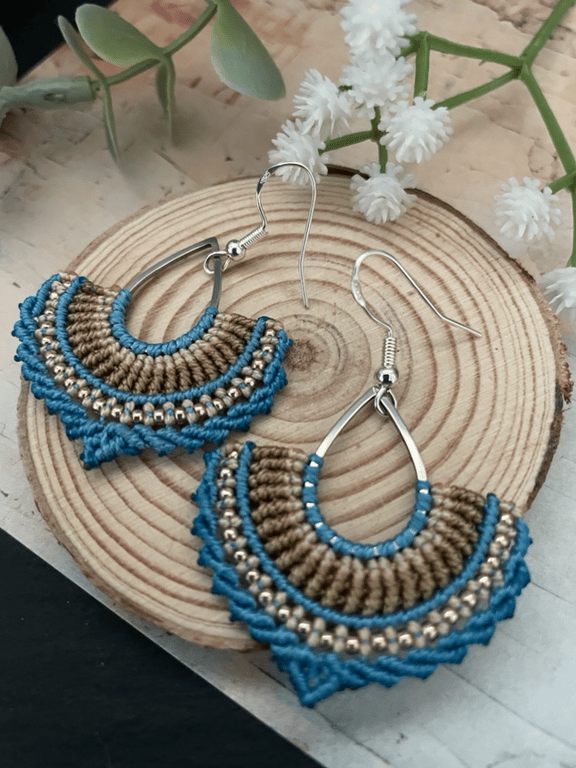 Earrings, pretty unique micro macrame beaded fan design hoop boho earrings