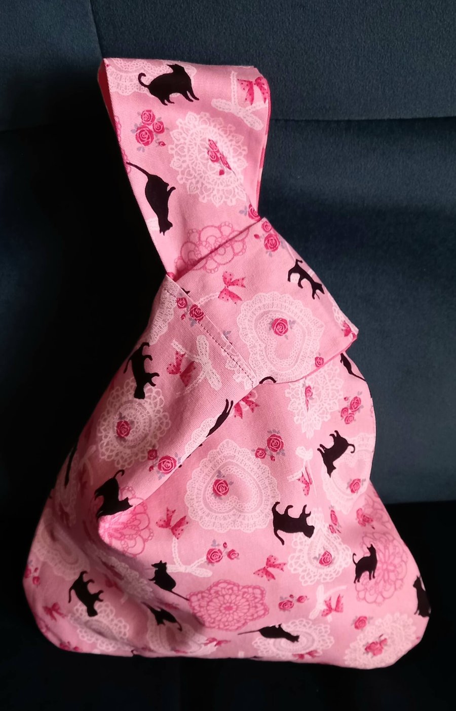 Pink Cat and Spot Japanese Knot Bag Small