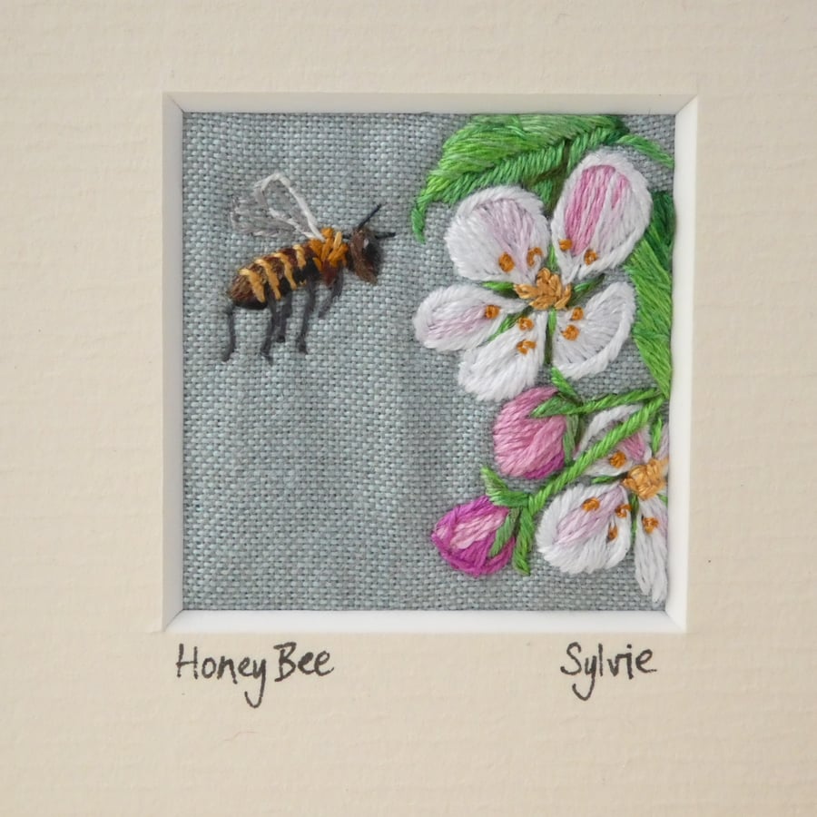 Honey Bee -hand stitched textile picture