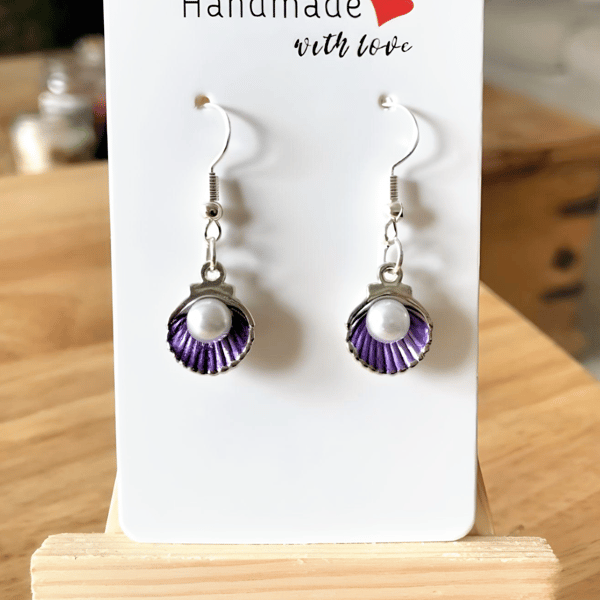 Cute Purple Shell & Faux Pearl Earrings 925 Silver Hooks, Beach Jewellery