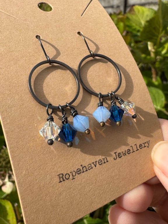 Vintage Crystal Earrings Dainty Hoops with Beautiful Blue Sparkles 