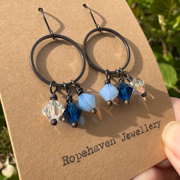 Vintage Crystal Earrings Dainty Hoops with Beautiful Blue Sparkles 