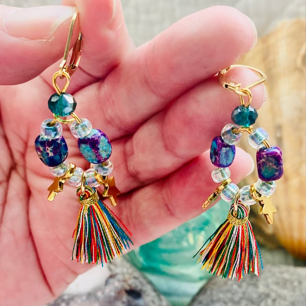 Boho Bling bead and silk tassel earrings - BBE01