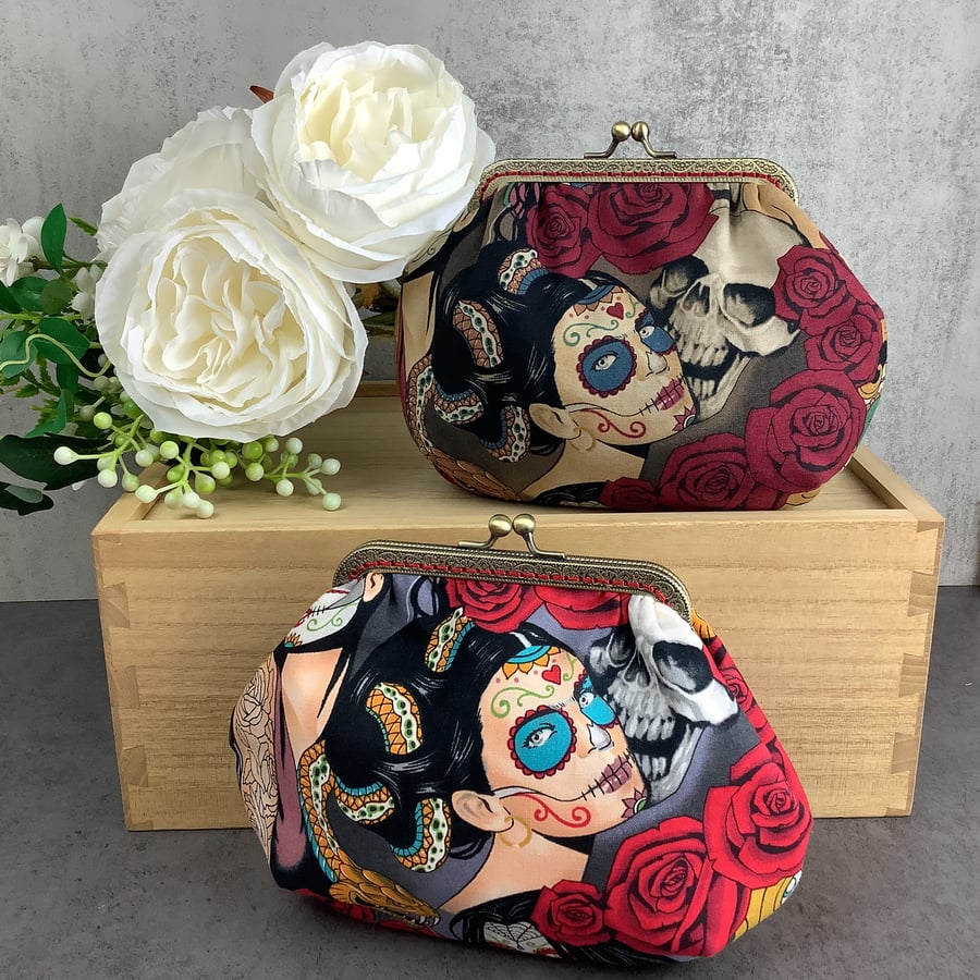 Day of the dead small clutch bag, Makeup bag, Optional chain, 2 colour options
