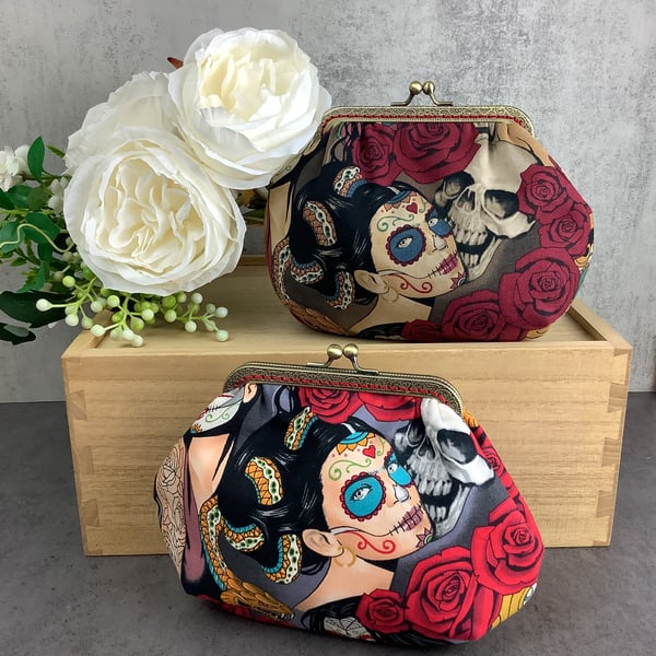 Day of the dead small frame clutch bag, Choice of colours, Optional chain