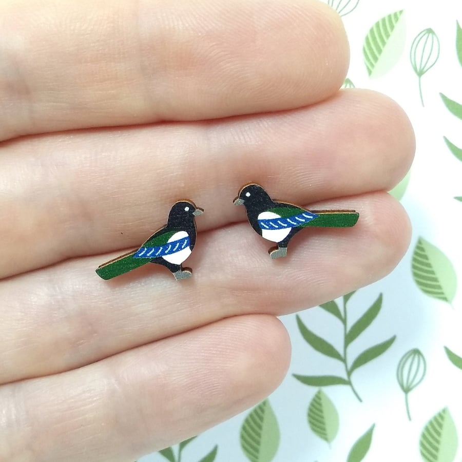 Magpie Earrings, Wooden Bird Studs, Silver Plated or Sterling Silver Backs