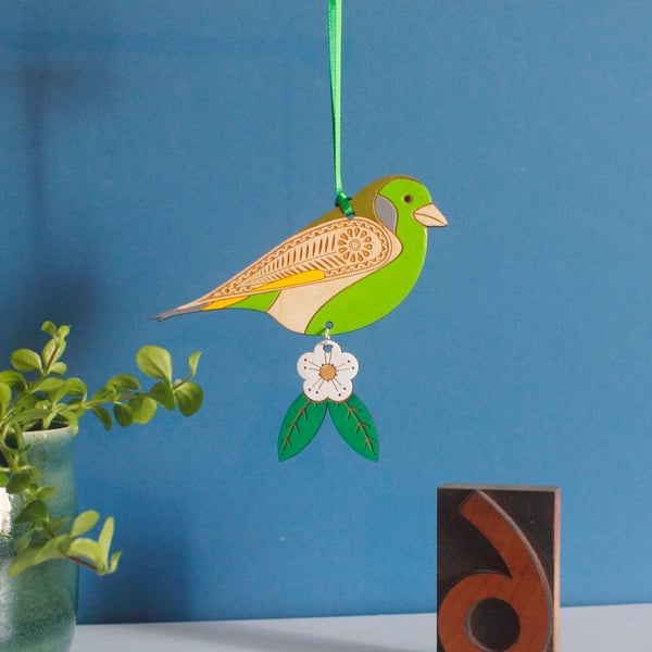 Wooden Greenfinch Hanging Decoration with Hawthorn Flower