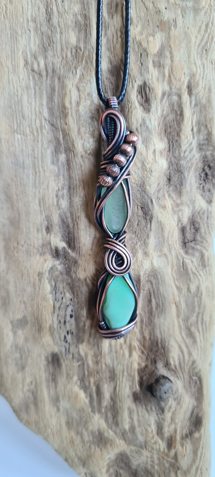 Natural Green Welsh Sea Glass & Copper Pendant Necklace Gift Boxed Jewellery