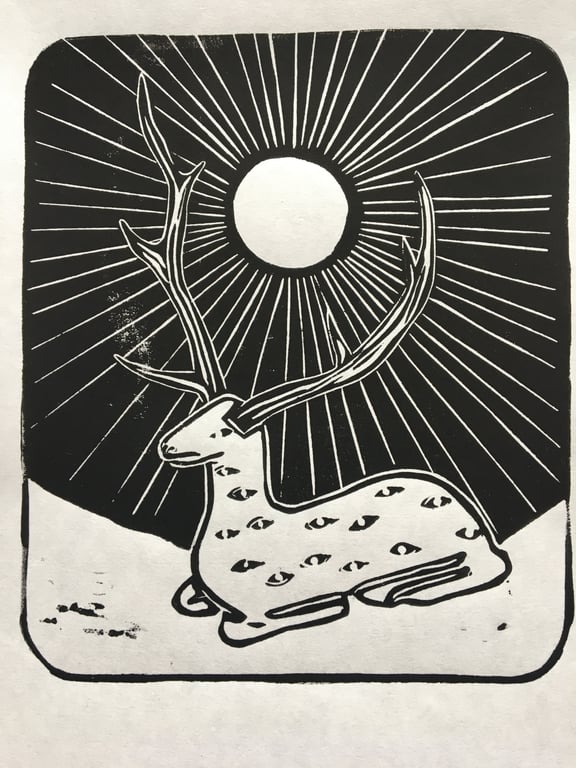 Hunters Moon hand carved lino print of deer and full moon