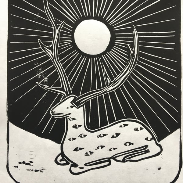 Hunters Moon hand carved lino print of deer and full moon