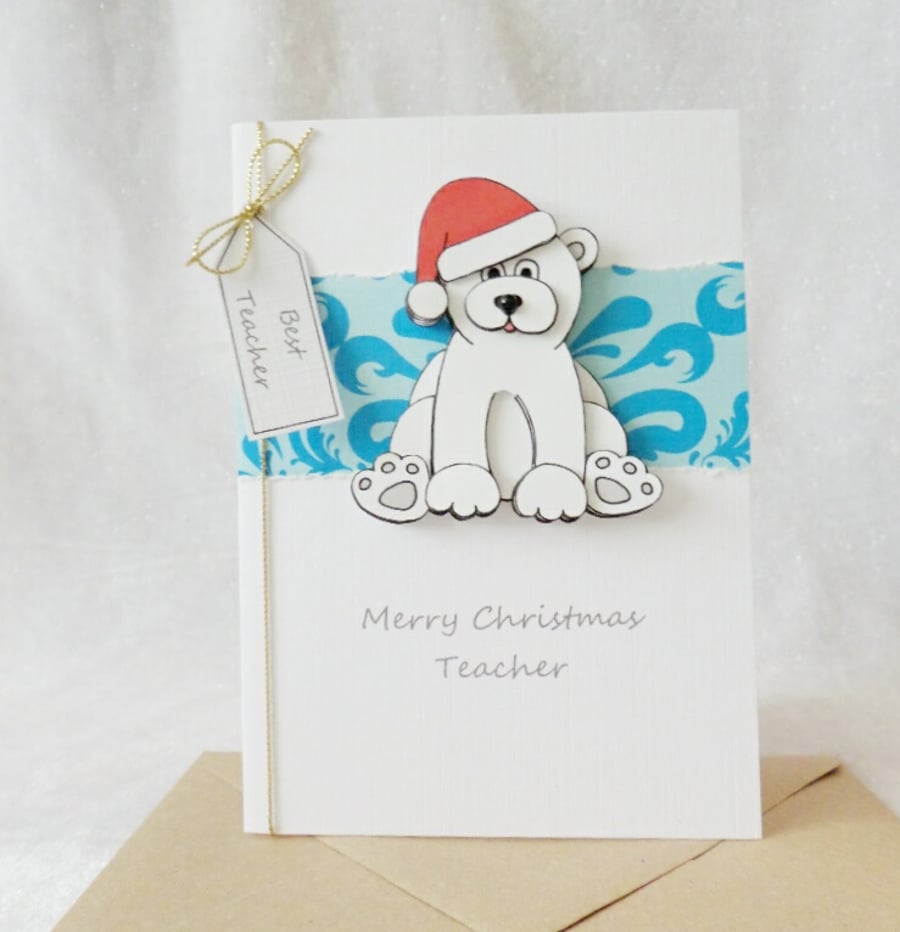 Christmas Teacher Card Polar Bear with Santa hat