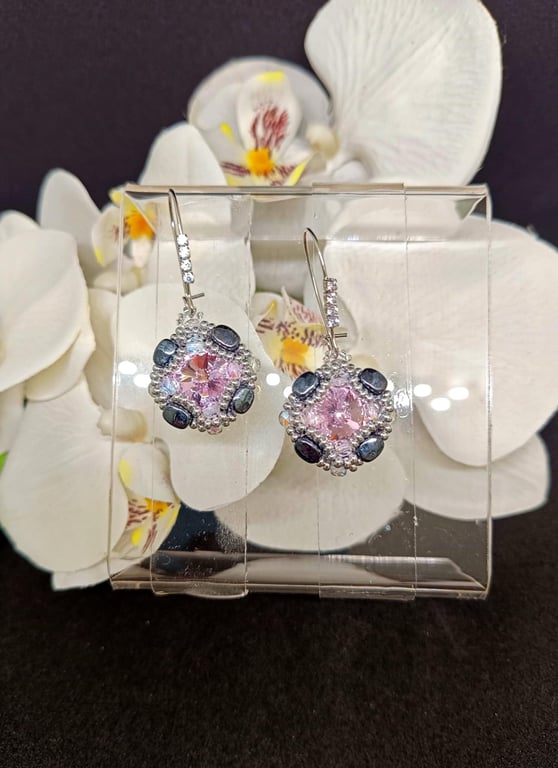 Rivoli Crystal Earrings - 12mm Crystals Encased in Seed & Nib-Bit Beads 
