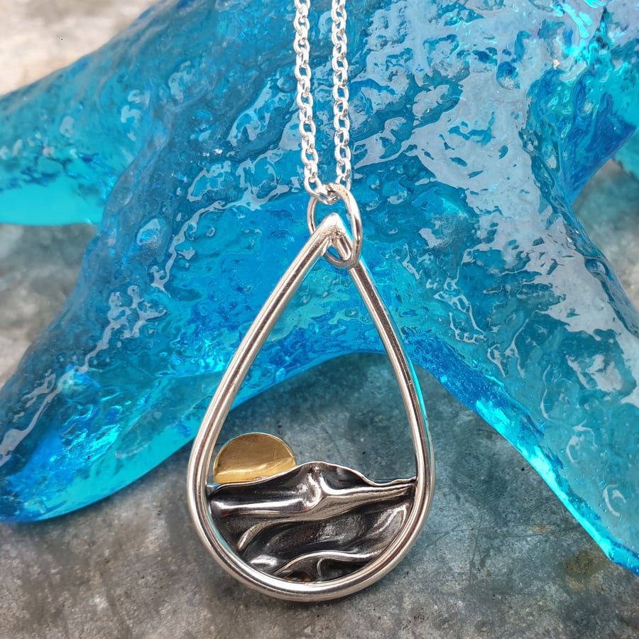 Reserved for Donna - Silver sun rising over sea pendant