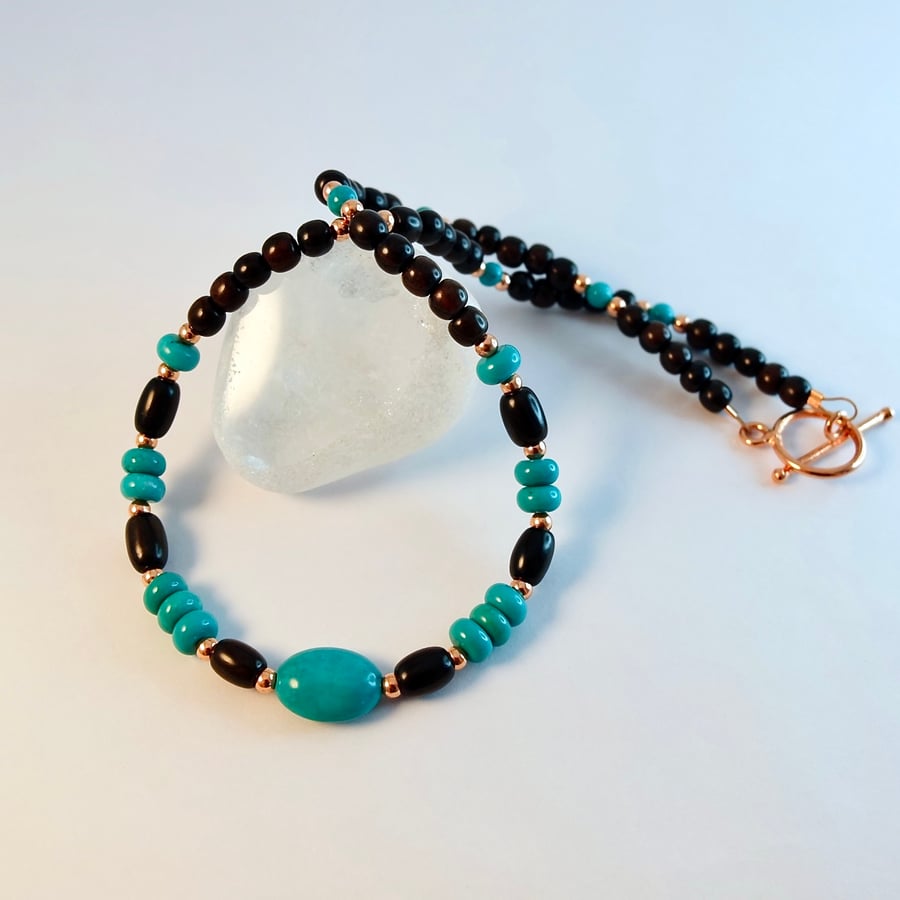Turquoise & Tiger Ebony Necklace - December Birthday, Anniversary, Gifts For Her