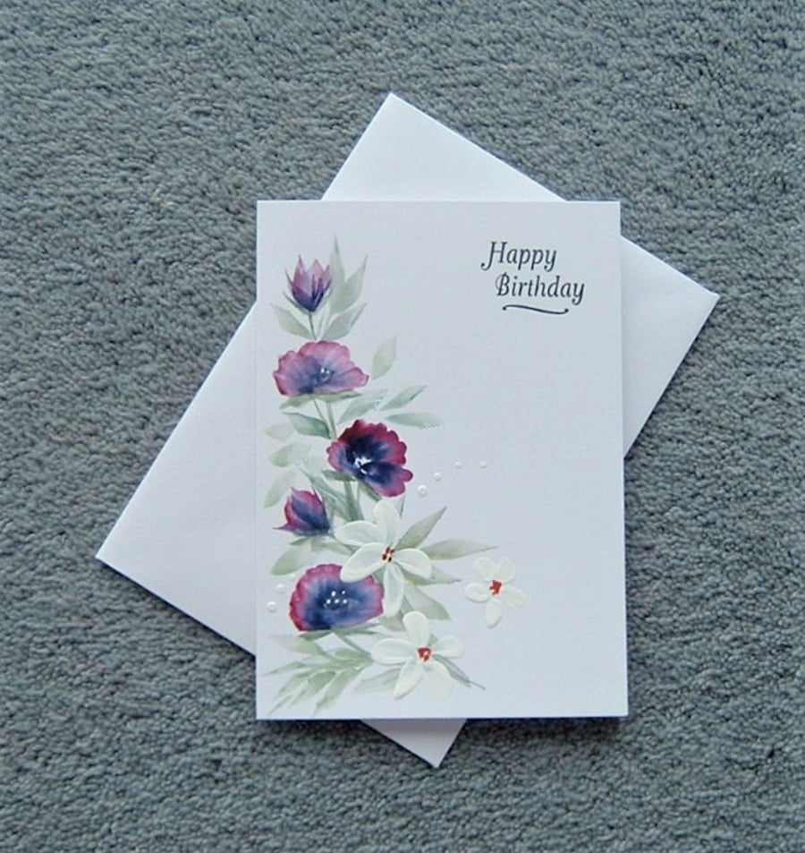 hand painted floral art Birthday greetings card ( ref F 95)