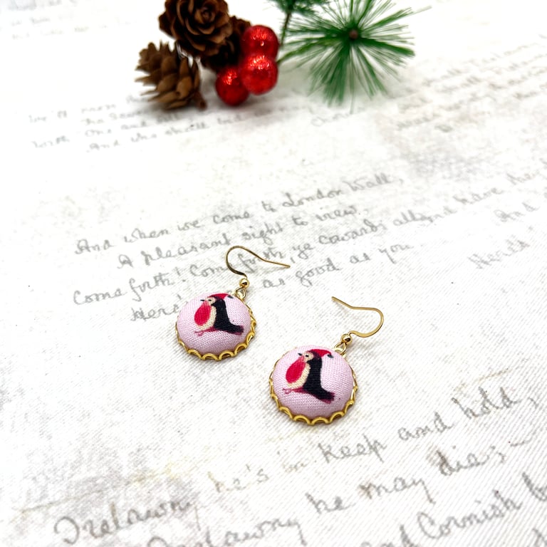 Robins wearing winter hats nostalgic festive fabric button dangle earrings