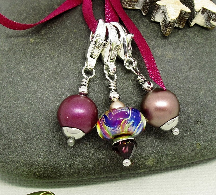 Plum Lampwork Glass Bead Stich Markers for Crochet and Knitting 