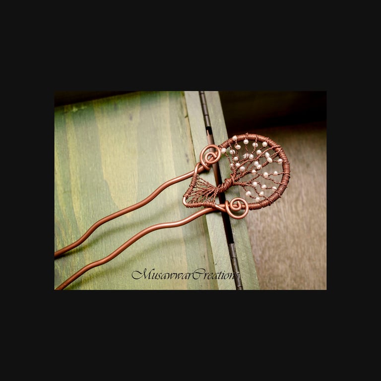 Tree of Life Hair Fork with White Shell Pearls, Handmade Copper Hair prong, 